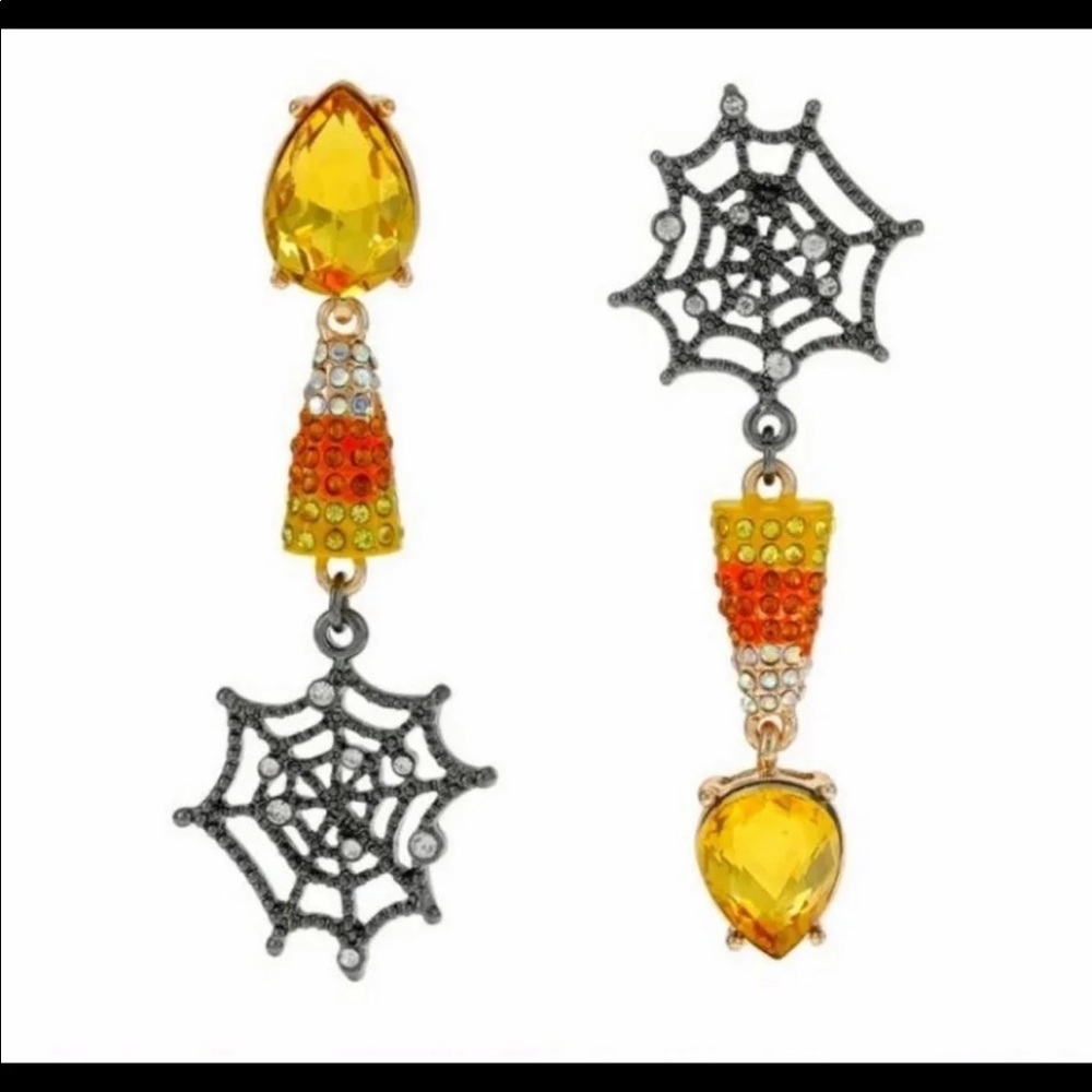 Betsey Johnson Candy Corn Spider Web Earrings New